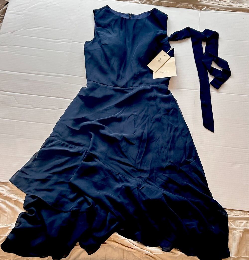 NWT Navy Chiffon Maxi Dress Fit Flare Formal Wedding Guest Elegant Large